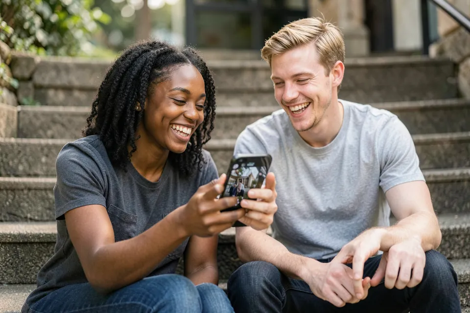 Two friends laughing about a concert on some steps