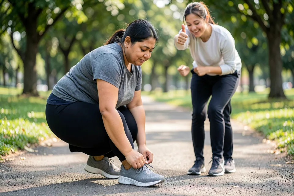 A beginner runner and a friend at the start of a park path