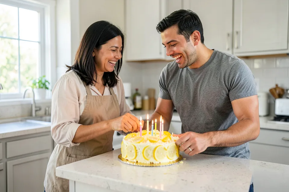 A mother and her adult son decorating a lemon cake with candles