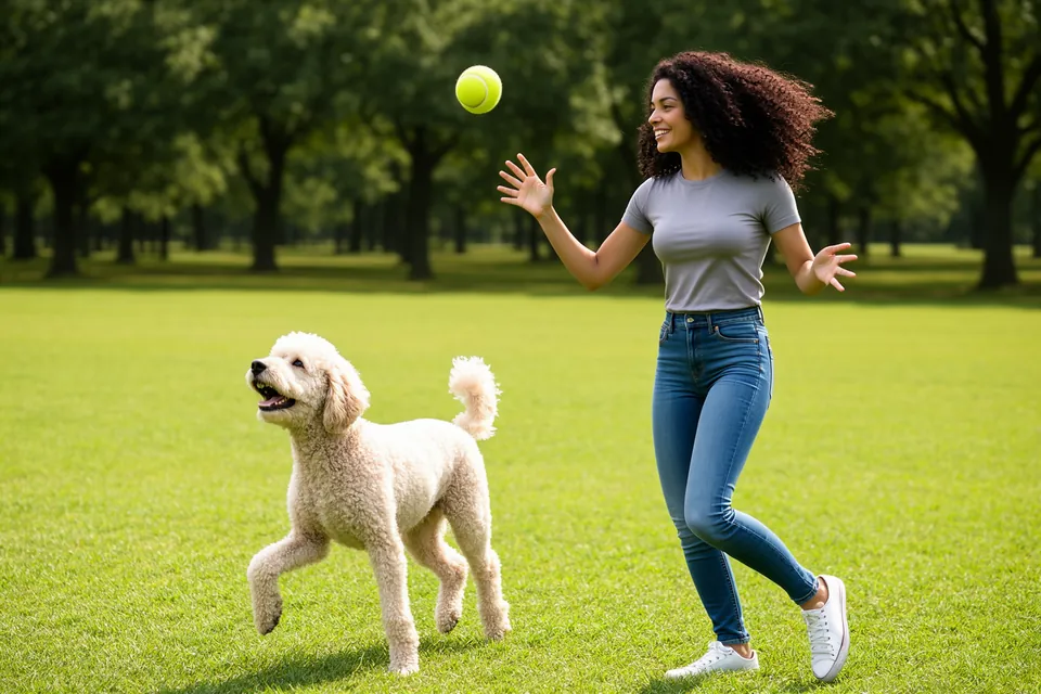 A golden retriever running after a ball in the park while its owner throws it